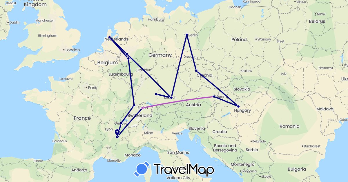 TravelMap itinerary: driving, train in Austria, Switzerland, Czech Republic, Germany, France, Hungary, Netherlands (Europe)